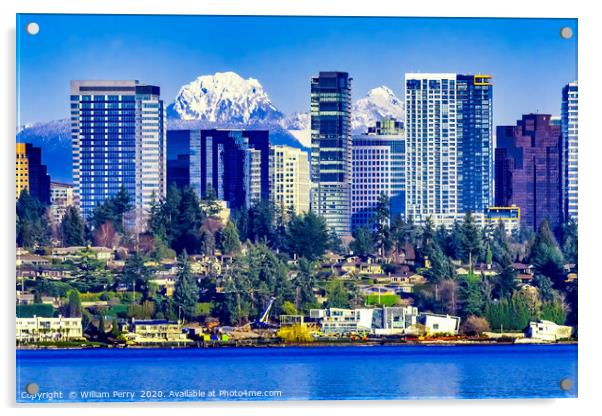 Buildings Lake Washington Snow Mountains Bellevue  Acrylic by William Perry