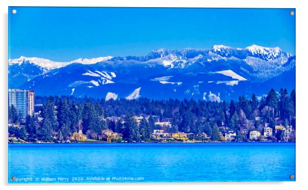 Lake Washington Snow Capped Mountains Bellevue Washington Acrylic by William Perry
