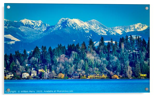 Lake Washington Snow Capped Mountains Bellevue Was Acrylic by William Perry