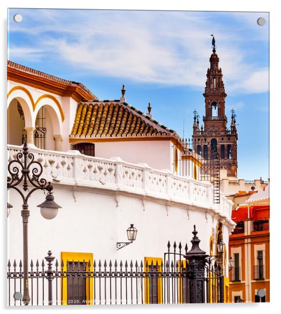 Bull Fight Ring Stadium Cityscape Giralda Spire Bell Tower Seville Spain Acrylic by William Perry