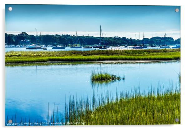 Green Marshland Sailboats Yachts Padanaram Harbor Dartmouth Massachusetts Acrylic by William Perry