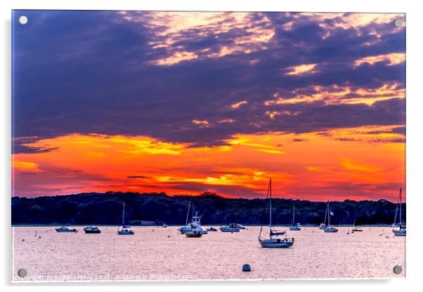 Sunset Sailboats Yachts Padanaram Inner Harbor Dartmouth Massachusetts Acrylic by William Perry