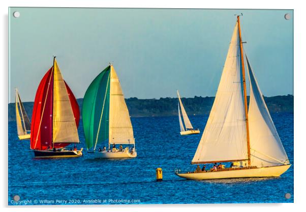 Evening Sailboats Racing Padanaram Harbor Dartmouth Massachusetts Acrylic by William Perry