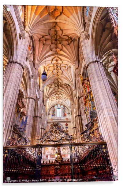 Stone Columns Choir Stalls New Salamanca Cathedral Spain Acrylic by William Perry