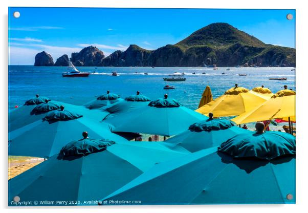 Blue Umbrellas Beach Restaurants Boats Cabo San Lucas Mexico Acrylic by William Perry