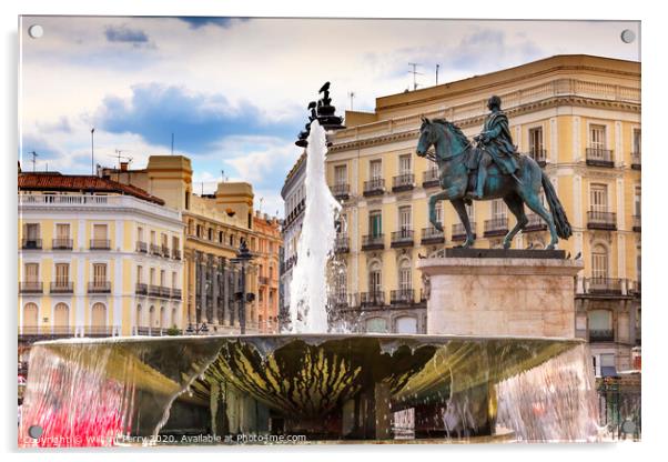 Puerta del Sol Plaza Fountain King Carlos Statue Madrid Spain Acrylic by William Perry