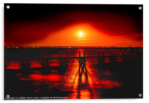 Colorful Red Moon Night Pier Padanaram Dartmouth Massachusetts Acrylic by William Perry