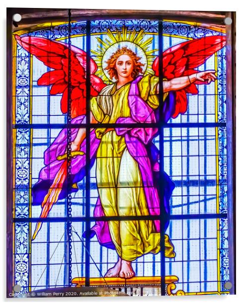 Archangel Uriel Stained Glass Puebla Cathedral Mexico Acrylic by William Perry