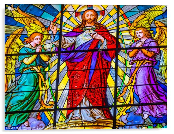 Coloful Jesus Archangels Stained Glass Puebla Cathedral Mexico Acrylic by William Perry