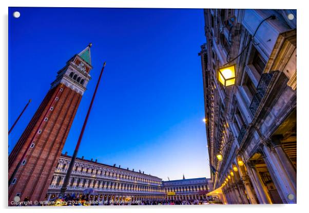 Evening Lights Campanile Bell Tower Saint Mark's Square Piazza Venice Italy Acrylic by William Perry