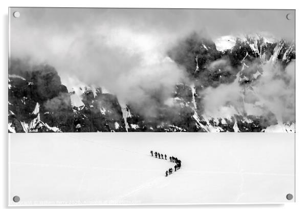 Black and White Showshoers Hikers Snow Mountains Damoy Point Ant Acrylic by William Perry