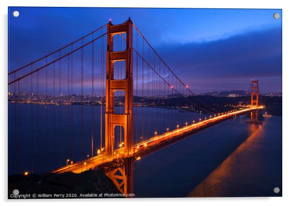 Golden Gate Bridge Sunset Pink Skies Evening with Lights of San Acrylic by William Perry