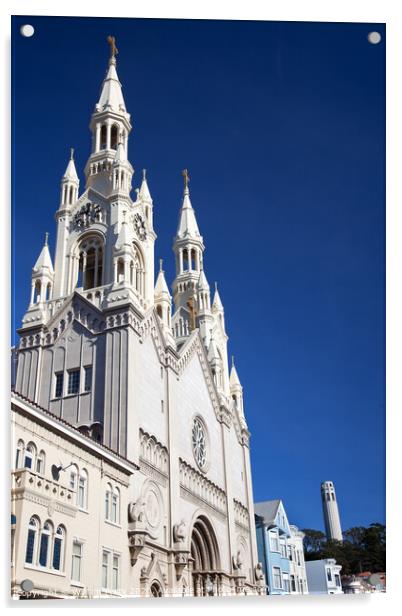 Saint Peter Paul Catholic Church Steeples Coit Tower San Francis Acrylic by William Perry