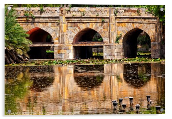 Athpula Stone Bridge Reflection  Lodi Gardens New Delhi India Acrylic by William Perry