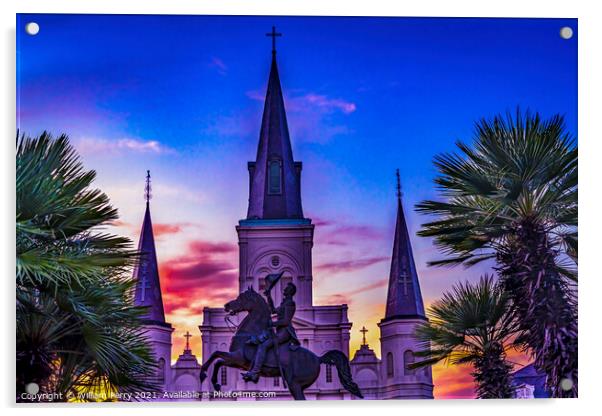 Andrew Jackson Statue St Louis Cathedral Sunset New Orleans Loui Acrylic by William Perry