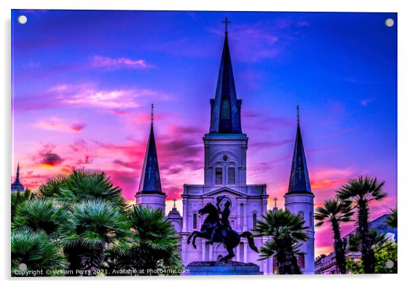 Sunset Andrew Jackson Statue St Louis Cathedral New Orleans Loui Acrylic by William Perry