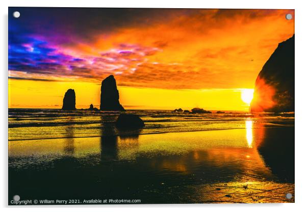 Colorful Sunset Haystack Rock Sea Stacks Canon Beach Oregon Acrylic by William Perry