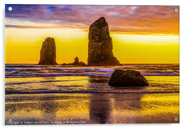 Colorful Sunset Sea Stacks Canon Beach Oregon Acrylic by William Perry