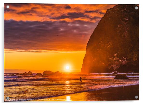 Colorful Sunset Haystack Rock Canon Beach Oregon Acrylic by William Perry