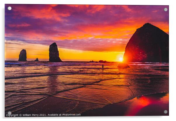 Colorful Sunset Dancing Sun Haystack Rock Sea Stacks Canon Beach Acrylic by William Perry