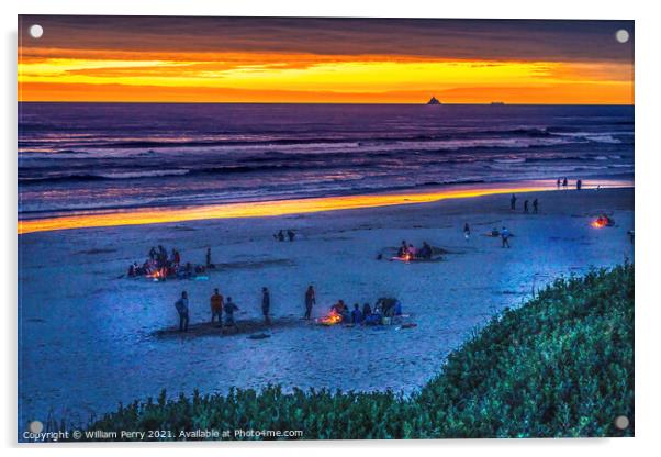 Colorful Sunset Bonfires Beach Tourists Canon Beach Oregon Acrylic by William Perry