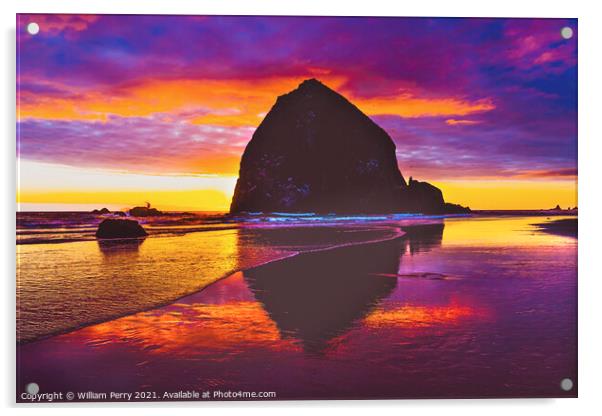 Colorful Sunset Haystack Rock Canon Beach Oregon Acrylic by William Perry