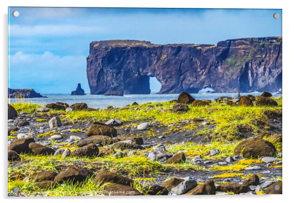 Dyrholaey Arch with Hole Reynisfjara Black Sand Beach Iceland Acrylic by William Perry