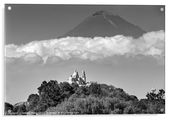 Black White Our Lady Remedies Church Volcano Cholulu Puebla Mexi Acrylic by William Perry