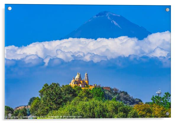 Colorful Yellow Our Lady of Remedies Church Volcano Popocatepetl Acrylic by William Perry