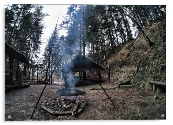 South Poland: Barbecue location in the middle of the forest surrounded with tall trees. Wilderness wide angle view of smoke coming from fire against abandoned shed in the peaceful environment Acrylic by Arpan Bhatia