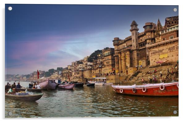 Varanasi, India : People and tourists on wooden boat sightseeing in Ganges river near Munshi ghat against ancient city architecture as viewed from a boat during morning time Acrylic by Arpan Bhatia