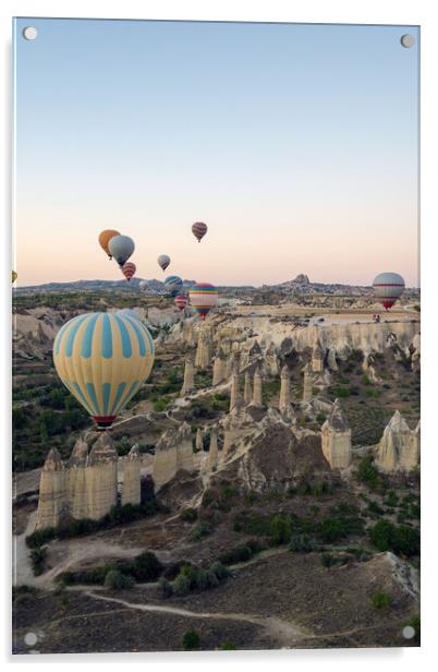 Colorful hot air balloons in the sunrise autumn morning. Goreme National Park, Cappadocia, Turkey. Aerial view Acrylic by Arpan Bhatia