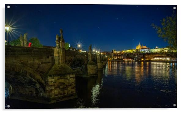 Panoramic cityscape view of Charles Bridge over Vltava river locate in Prague in Czech Republic during night sky Acrylic by Arpan Bhatia
