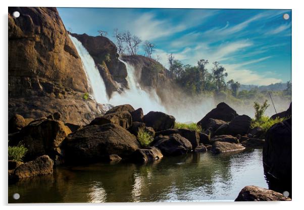 A landscape view of a waterfall named Athirapally Acrylic by Arpan Bhatia