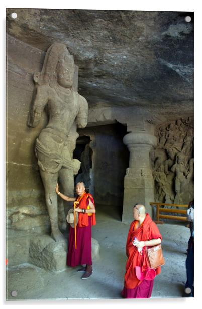 Mumbai, India - October 23, 2018: Interior of a Hindu God sculpture of Elephanta cave, late Gupta dating from between the 9th and 11th centuries, UNESCO World Heritage Site and buddhist monk tourist Acrylic by Arpan Bhatia