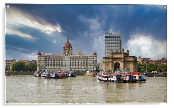 Mumbai, India: Wide angle shot of Gateway of India and Taj hotel against sea and dramatic cloudy sky Acrylic by Arpan Bhatia
