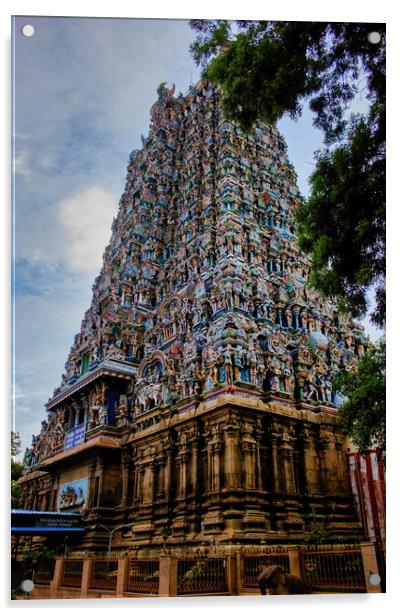 Madurai, South India - November 02, 2018: One of the hindu religious temple amongst many in Meenakshi temple against blue sky Acrylic by Arpan Bhatia