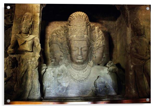 Mumbai, India - October 23, 2018: Interior of a Trimurti sculpture of Elephanta cave, late Gupta dating from between the 9th and 11th centuries, UNESCO World Heritage Site Acrylic by Arpan Bhatia