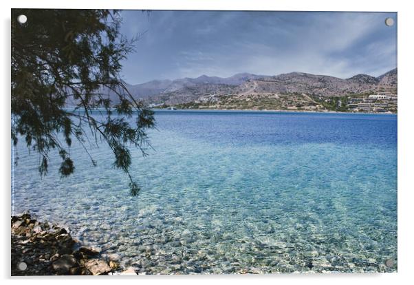 Crete or Kreta, Greece: View of the Mediterranean Sea against rocky terrain on Spinalonga island, formerly used as a leper colony, near Elounda, Mirabello Gulf Acrylic by Arpan Bhatia