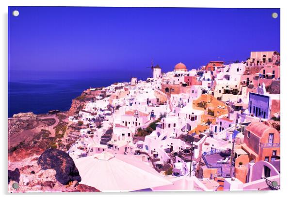 Santorini, Greece: Beautiful city of Oia ( Ia ) on a hill of white houses with blue roof and windmills against dramatic pink sky, located in Greek Cyclades islands in Mediterranean sea Acrylic by Arpan Bhatia
