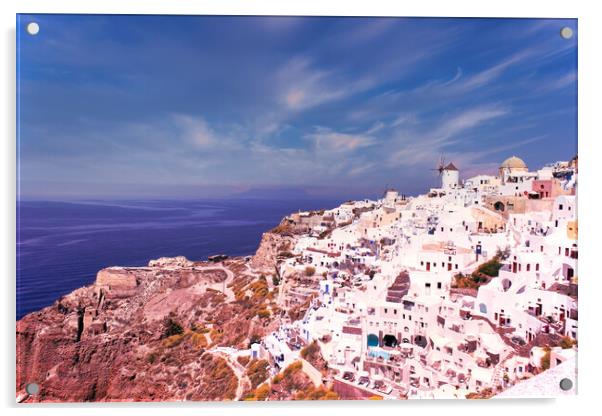 Santorini, Greece - September 11, 2017: Wide angle panoramic view of Oia Santorini white buildings on the hillside facing north against the blue sky. Cityscape of famous greek island Acrylic by Arpan Bhatia