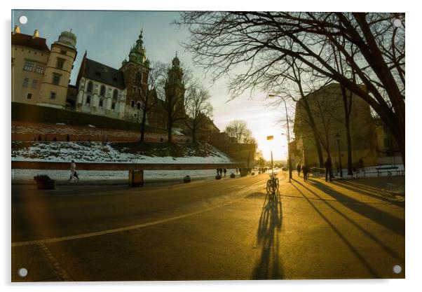 Krakow, Poland - Road to the main entrance to royal Wawel Castle in Cracow and bicycle parked against sunset Acrylic by Arpan Bhatia