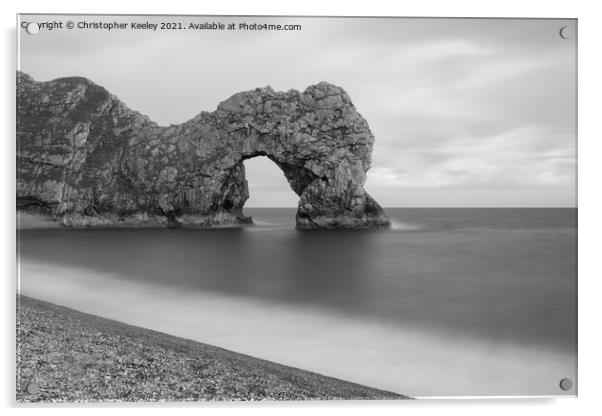 Black and white Durdle Door Acrylic by Christopher Keeley