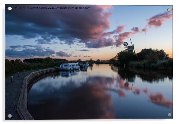 Norfolk Broads windmill sunset Acrylic by Christopher Keeley