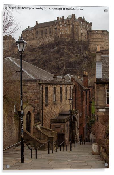 The Vennel views of Edinburgh Castle Acrylic by Christopher Keeley