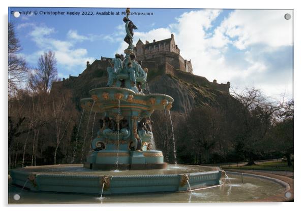 Cloudy skies over Ross Fountain and Edinburgh Castle Acrylic by Christopher Keeley