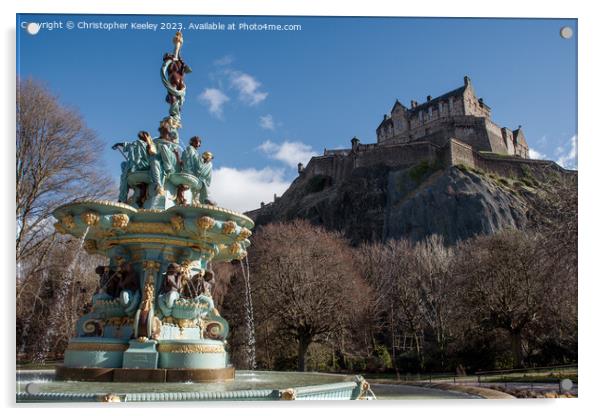 Blue spring skies over Edinburgh Castle and Ross F Acrylic by Christopher Keeley