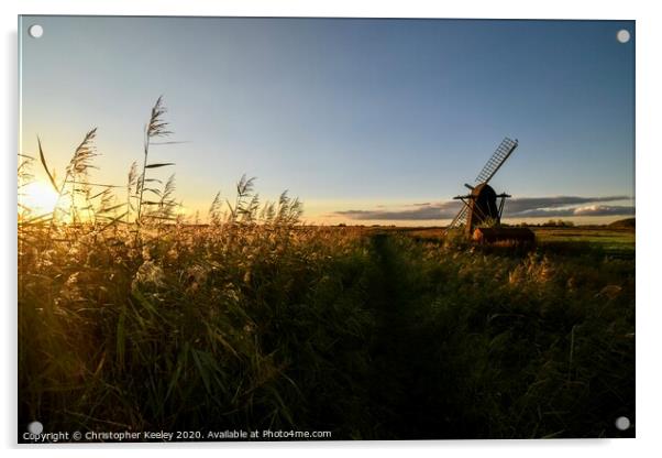 Golden hour at Herringfleet Windmill Acrylic by Christopher Keeley