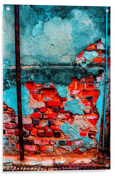 A damaged brick wall in digital red turquoise blue Acrylic by Hanif Setiawan