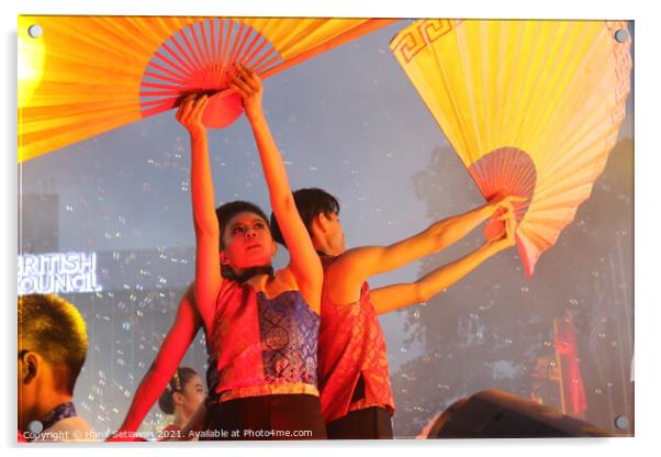 Dance performer raising arms with paper fans Acrylic by Hanif Setiawan